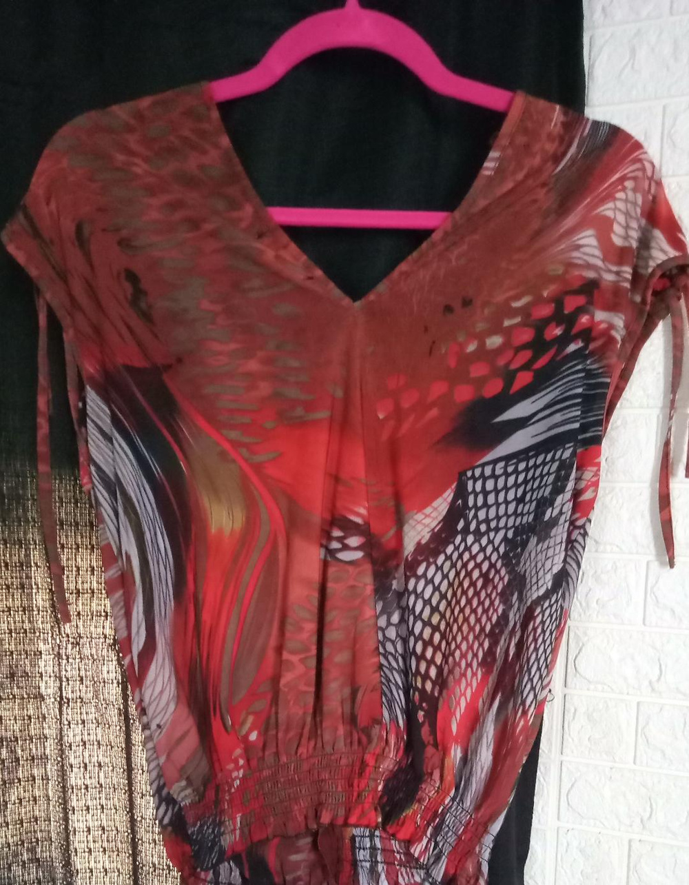 Indero Abstract Print V Neck Tie Sleeve Blouse Size L....B8